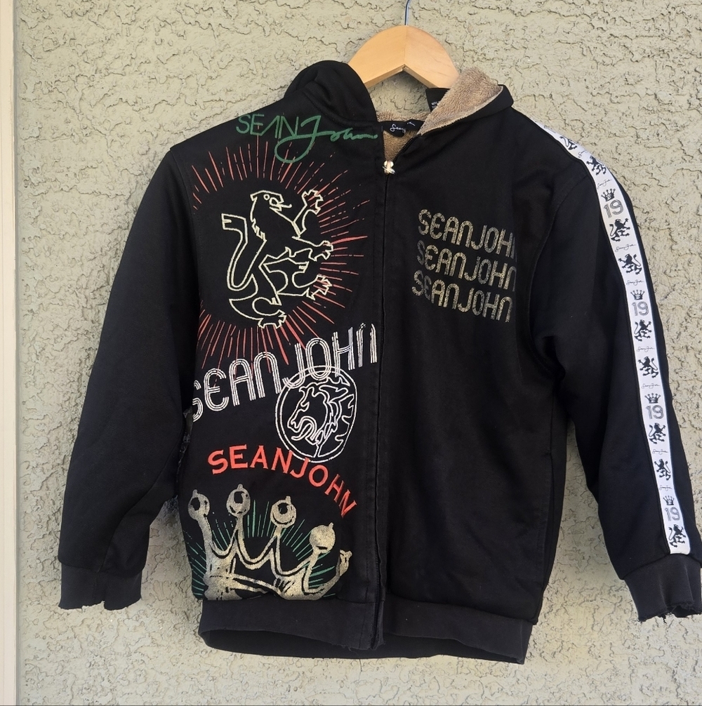 Sean John Black Graphic Zip Front Hoodie with Accent Tape